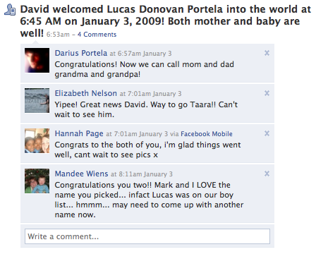Anúncio do nascimento do Lucas no Facebook